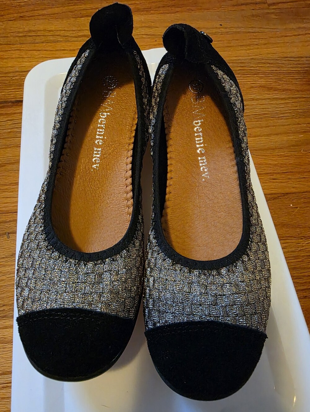 bernie mev. Black and Silver Woven Cap-Toe Ballet Flats